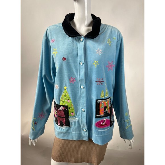 Onque Casuals Christmas Holiday Velour Jacket L Blue Velour Cotton Blend - Picture 1 of 16